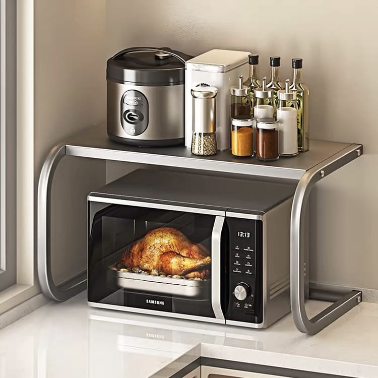 Double-Layer Kitchen Storage Rack, Crafted from Carbon Steel – A Sturdy and Stable Carbon Steel Microwave Shelf for Countertop